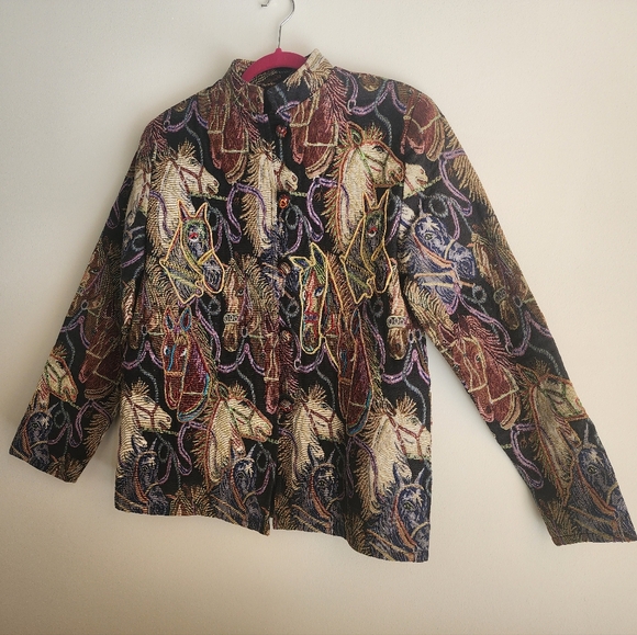 Vintage 90s Daniel K Embroidered Tapestry Horse Head Print Woven Blazer Jacket S - Picture 6 of 13
